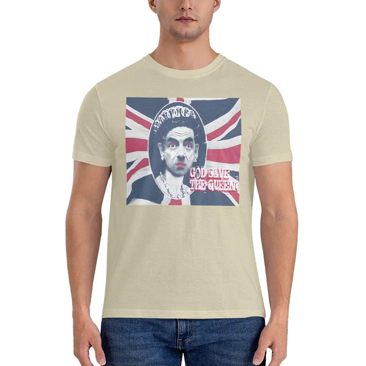 Men’s T-Shirt "God Save" – Creative Cotton Short Sleeve Round Collar Mr. Bean Tee, Perfect Gift Idea-Khaki-XXXL-