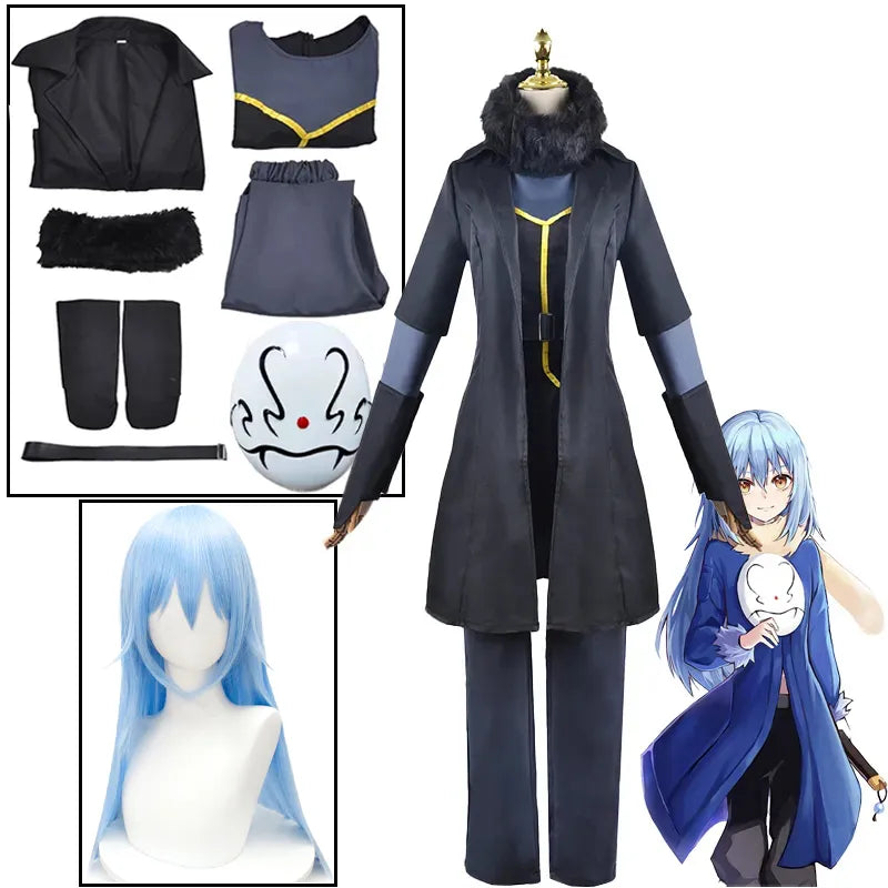 Rimuru Tempest Cosplay - Anime Costume from That Time I Got Reincarnated as a Slime, Including Halloween Uniform, Trench Wig, and Mask Set-