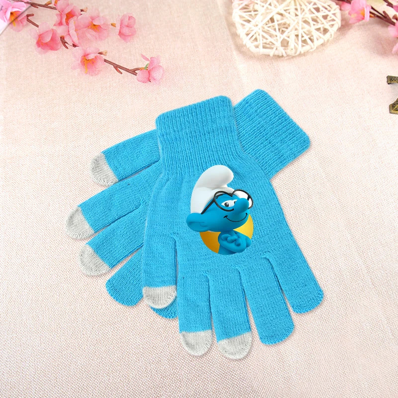 Anime Smurfs Kids Winter Gloves - Cartoon Print Warm Knitted Gloves for Bike Riding, Outdoor Walks, Retro 90s Child Gift-LJL 11-longest side 19cm-