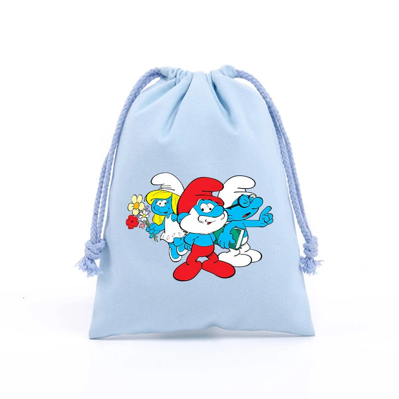 Anime Smurfs Kids Drawstring Bag - Cute Cartoon Print Sports Sack for Parties, Outdoor Gifts, Retro Hand Pouch-LJL 27-20x30cm-