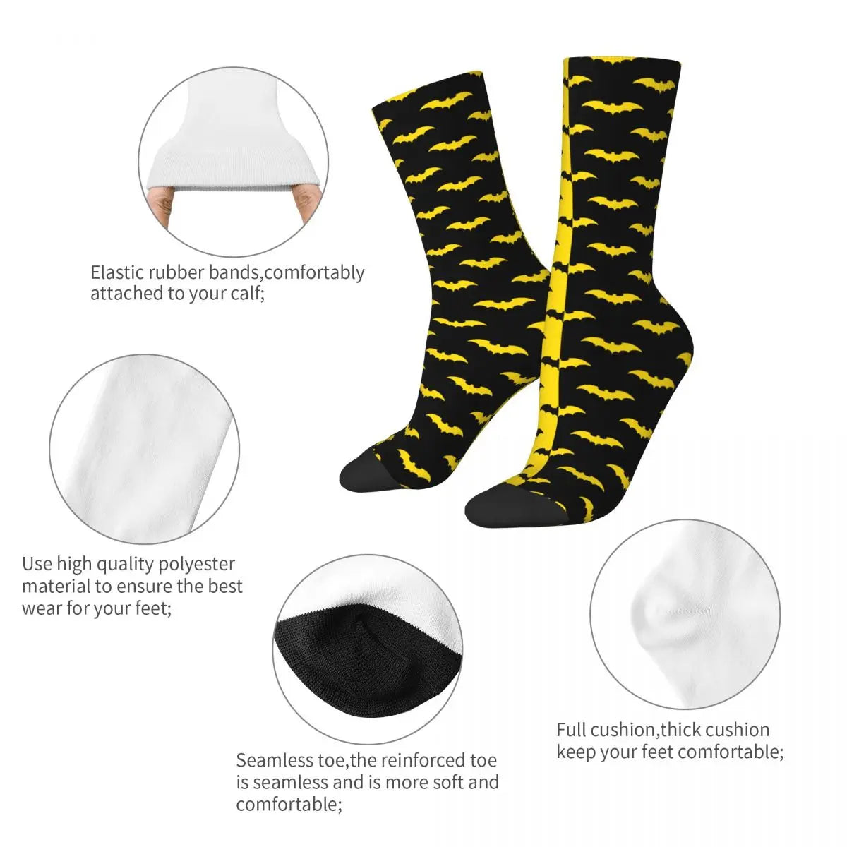 Hip-hop Black And Yellow Bat Pattern Basketball Socks Animal Polyester Crew Socks for Unisex-WHITE-One Size-