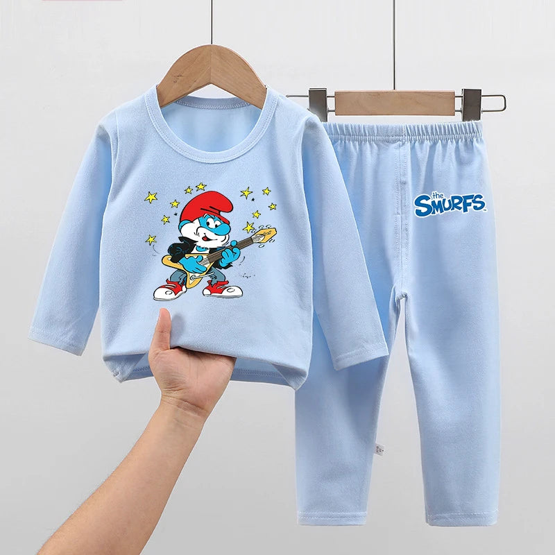 Anime Smurfs Kids Pajama Set - Long Sleeve Thicken Sleepwear Tops Pants, Cartoon Nightwear Retro Movie Gift-LJL 22-LJL 98-160-