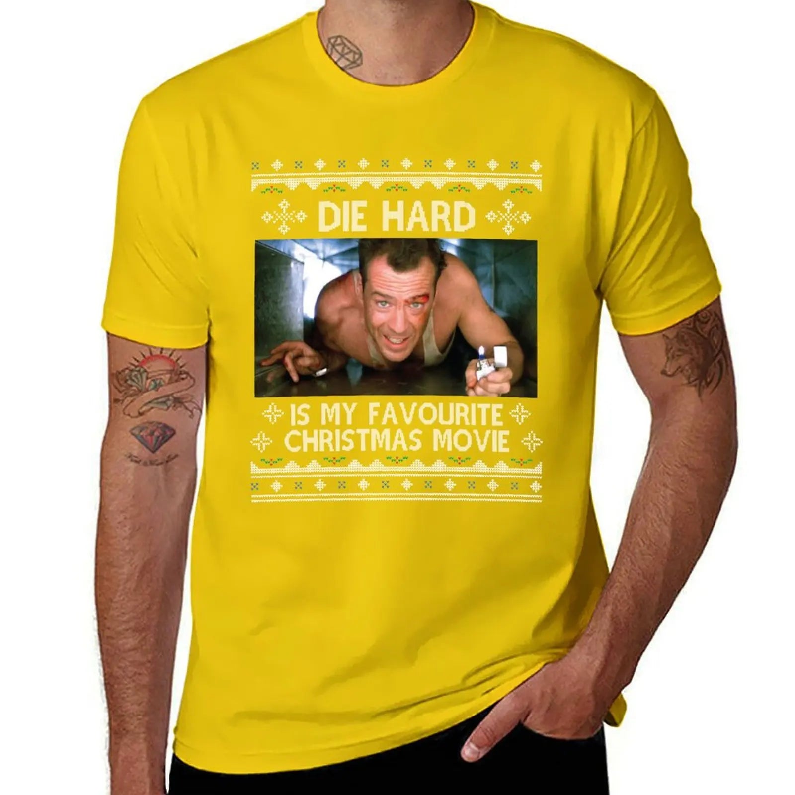 Die Hard Is My Favourite - Christmas Movie T-Shirt - Men's Tees - Short Sleeve Cotton Tops - T-Shirts for Men Pack-Yellow-S-