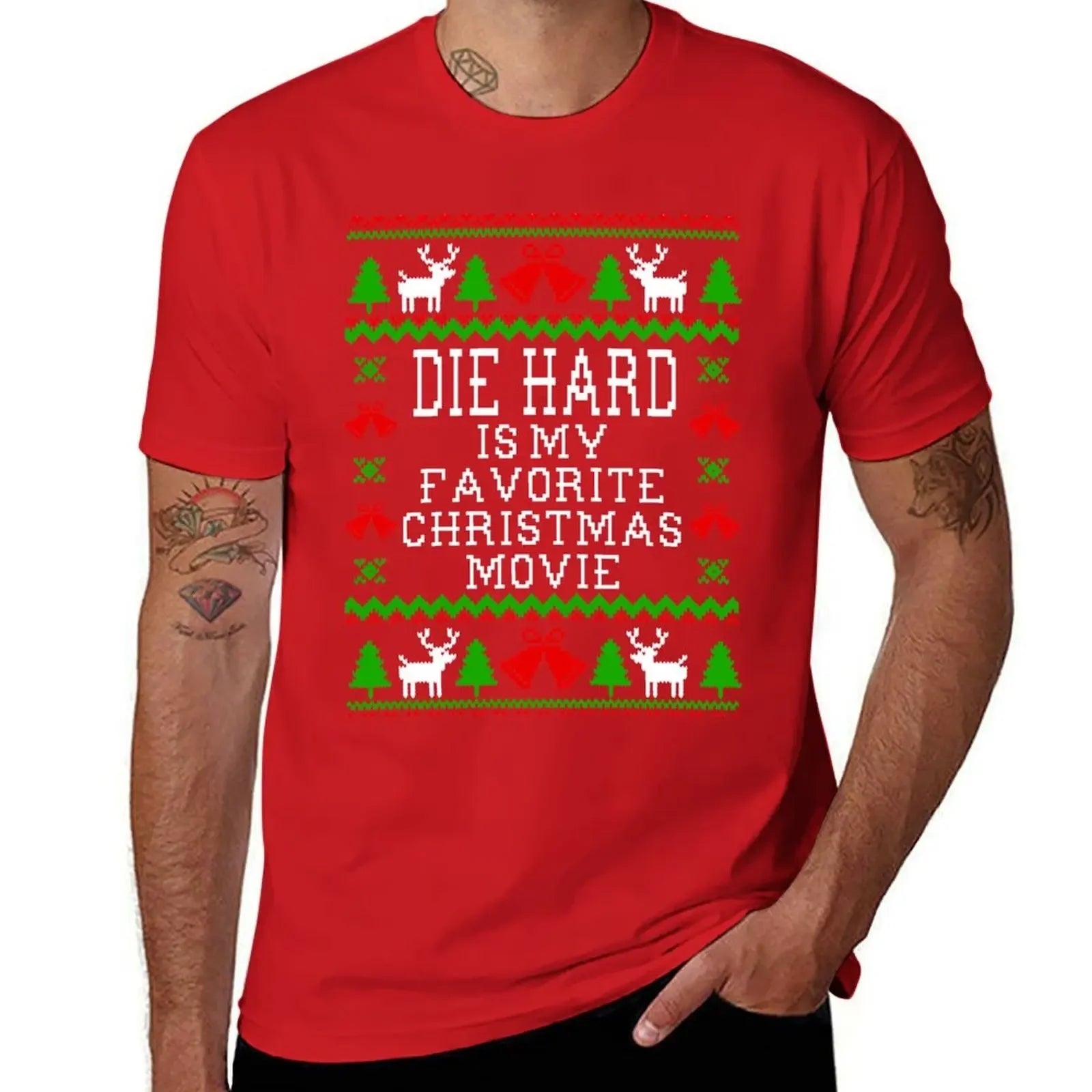 Die Hard Is My Favorite - Christmas Movie - Ugly Christmas Sweater Style T-Shirt - Plain Essential Tee - Men's T-Shirt-Red-M-