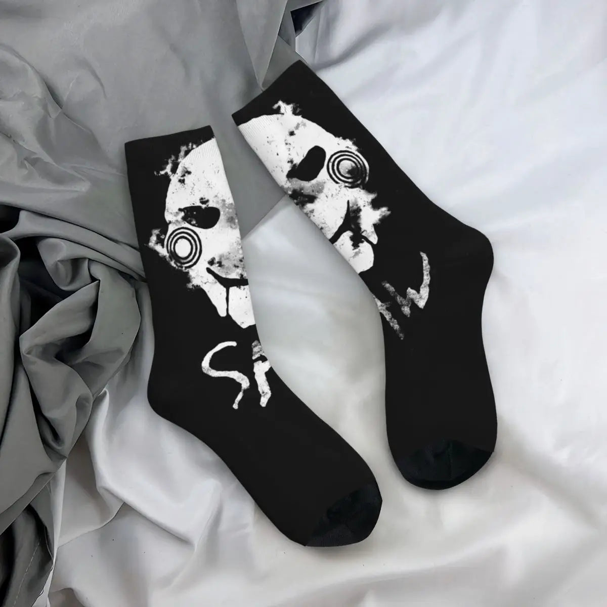 Saw Movie Poster Horror Socks - Funny Crazy Men's - Harajuku Hip Hop Mystery Thriller - Quality Pattern Printed Crew Sock-WHITE-One Size-