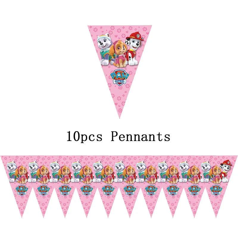 Paw Patrol Birthday Party Decoration - Girls Pink Sky Paper Cups Plates Tableware Balloons - Supplies For Kids - Baby Shower Favors-10pcs pennants-