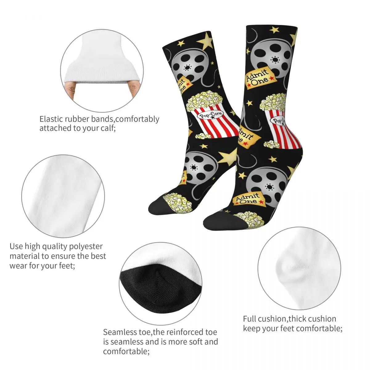 Retro Cinema Theater Popcorn Socks - Men's & Women's Fashion Movie Production Film - Multi-Season Gift-WHITE-One Size-