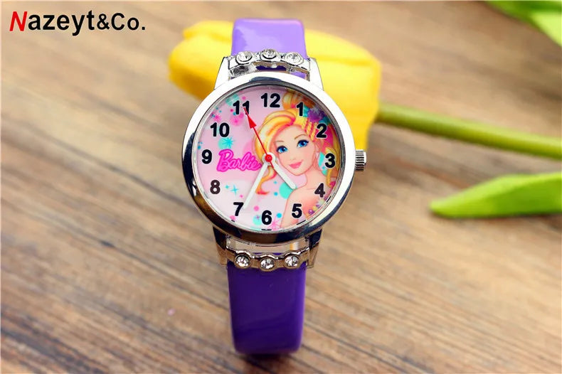 Barbie Watch - Cute Cartoon Design for Girls - Silicone Strap (Many Colours) Wristband - Diamond Accents - Student Accessories for Kids-Y033-3-