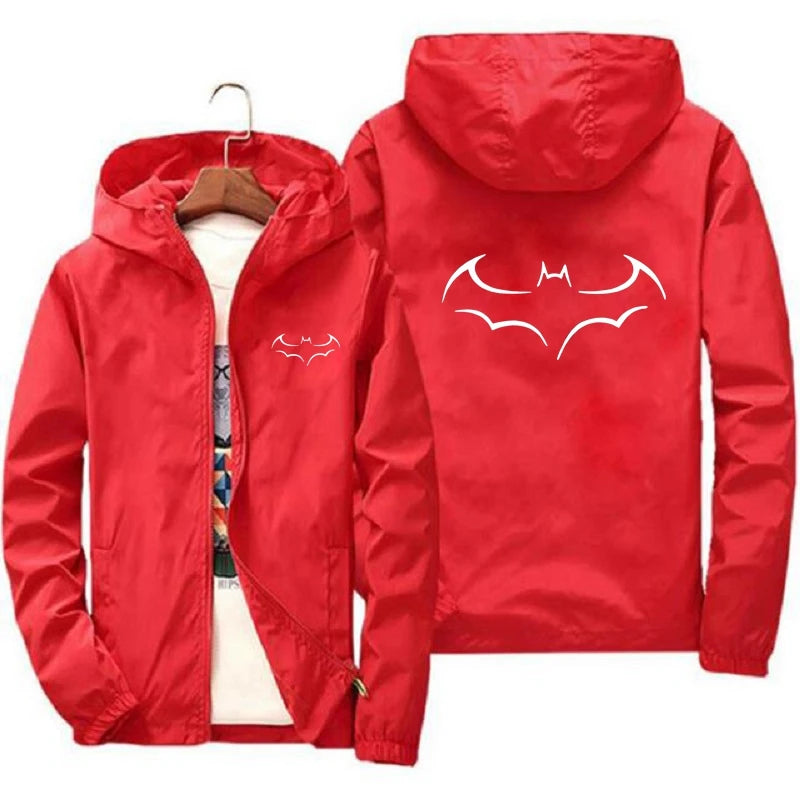 2024 New Bat Printing Zipper Windproof Jacket Men Women Hoodies Sunscreen Clothing Casual Sport Long Sleeve Hooded Coat Thin Top-Red-01-XL 60-65kg-