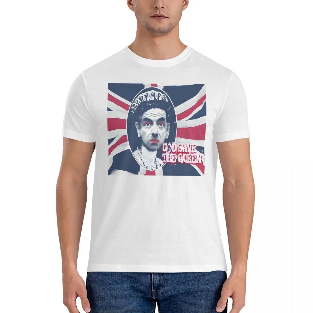 Men’s T-Shirt "God Save" – Creative Cotton Short Sleeve Round Collar Mr. Bean Tee, Perfect Gift Idea-WHITE-5XL-