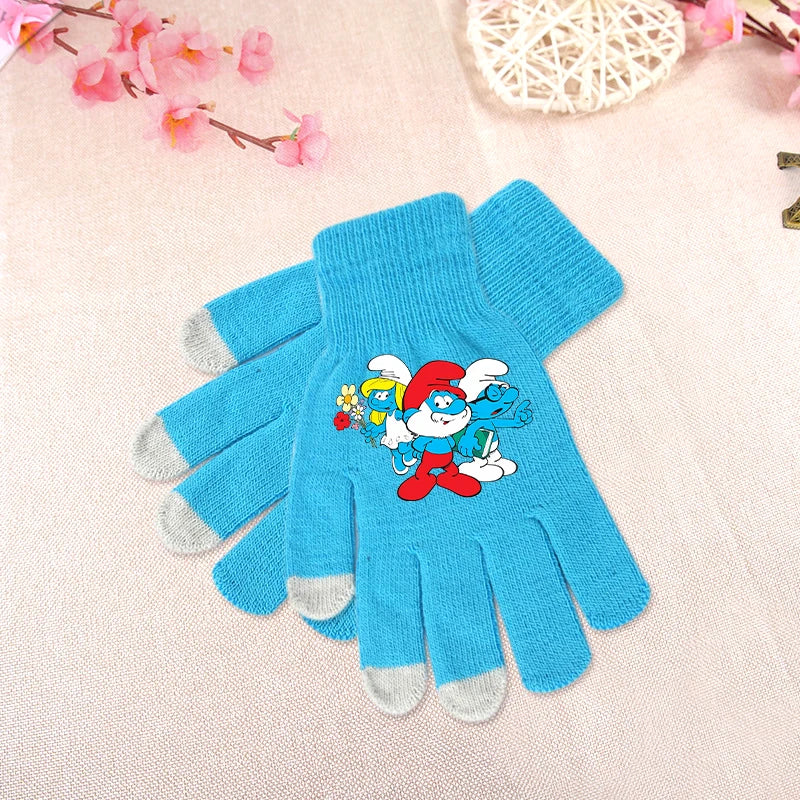 Anime Smurfs Kids Winter Gloves - Cartoon Print Warm Knitted Gloves for Bike Riding, Outdoor Walks, Retro 90s Child Gift-LJL 27-longest side 19cm-