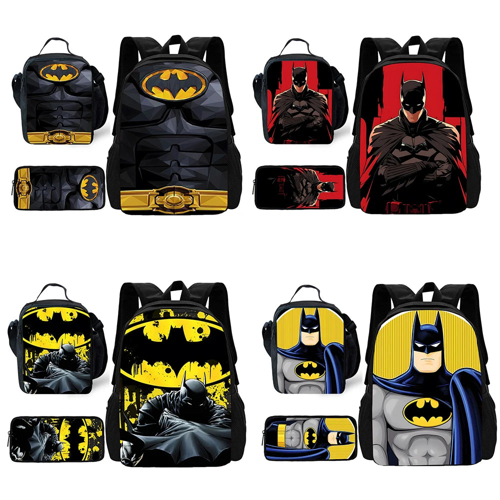 Child Superhero Batmans School Backpack with Lunch Bags ,Pencil Bags ,School Bags for Boys Girls Best Gift-