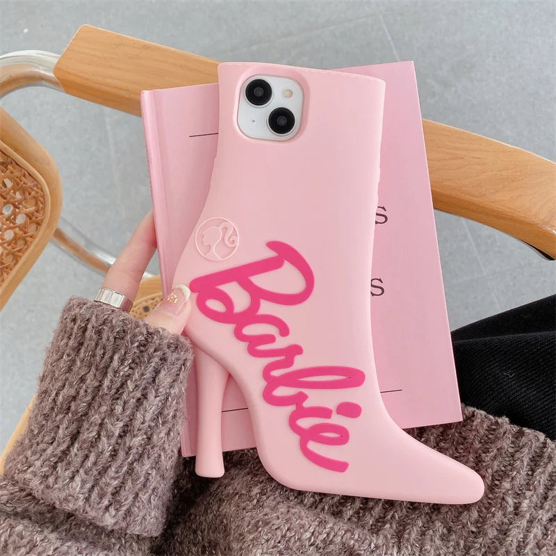 Cute Barbie Cartoon High-heeled Shoes Phone Case for iPhone 15 14 13 12 Pro Max - Shockproof, Soft Silicone Protective Cover-