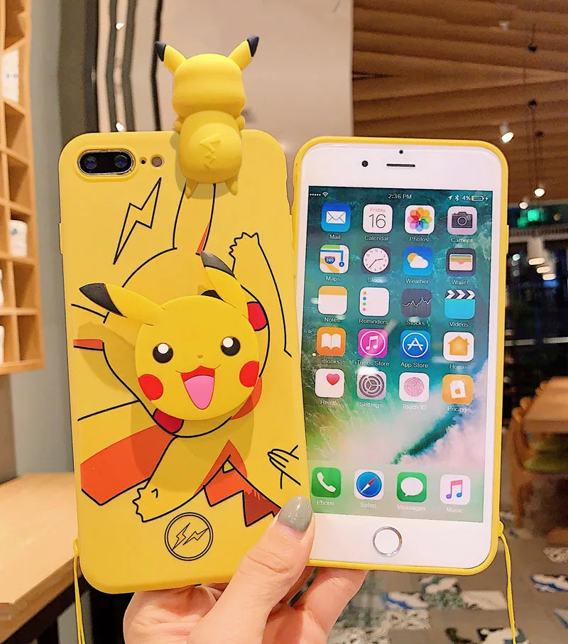 For iPhone 6 6s 7 8 X Xs Max XR 11 12 13 14 15 16 Pro Max SE - Pokémon Pikachu Phone Case with Holder Rope-