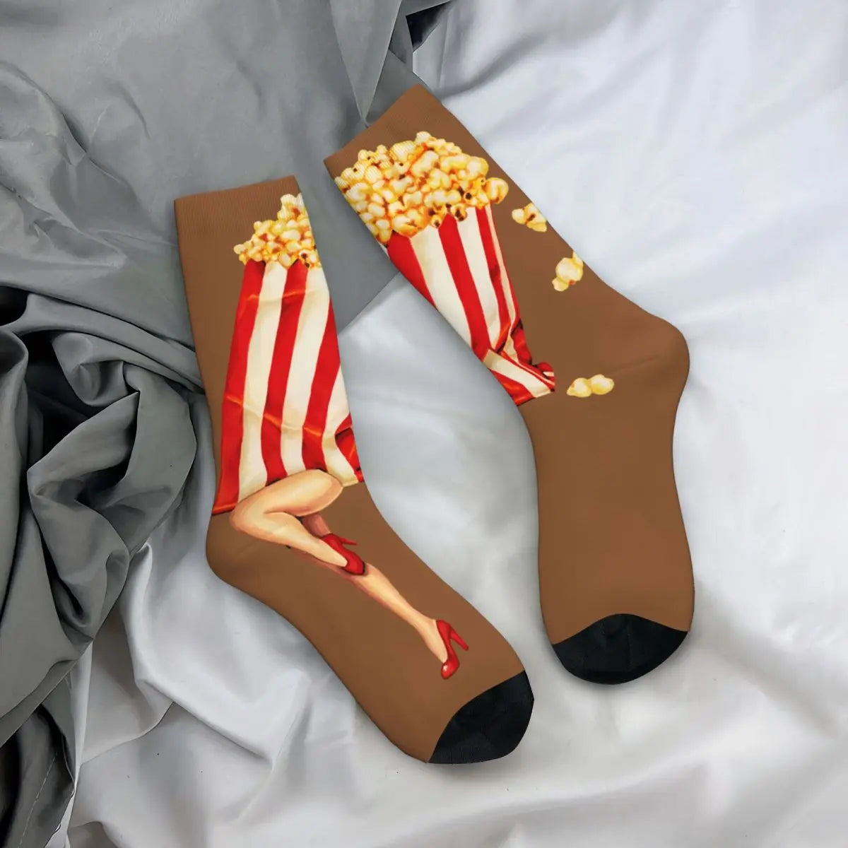 Let's All Go To The Lobby Popcorn Socks - Hip Hop Crazy Men's Compression - Unisex Pin Up Girl Model Pop Art Street Style Crew-Blue yellow-One Size-