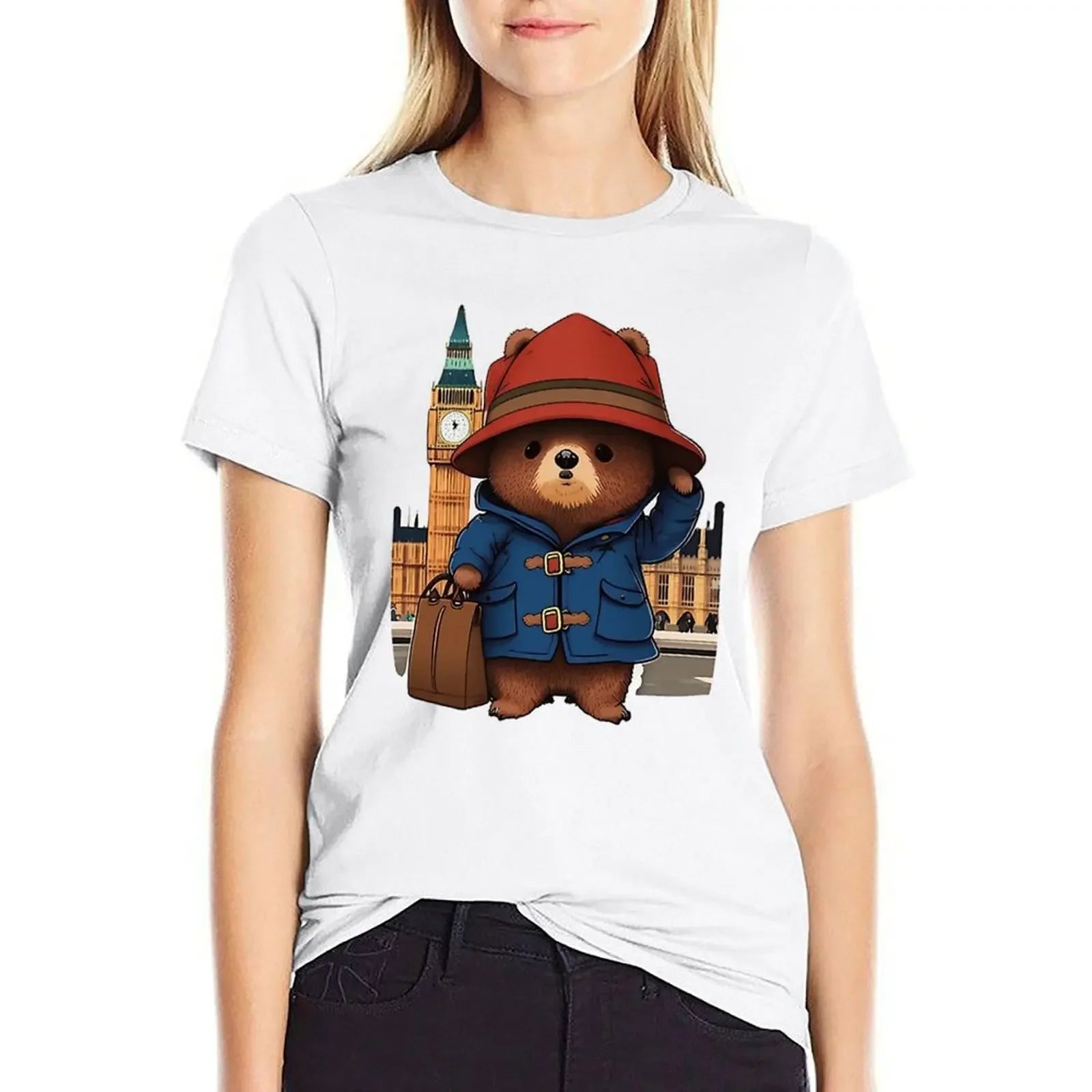 Paddington Bear in London T-shirt - Summer Clothes Hippie Clothes T-shirts for Women-White-XXL-