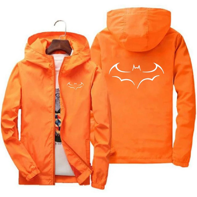 2024 New Bat Printing Zipper Windproof Jacket Men Women Hoodies Sunscreen Clothing Casual Sport Long Sleeve Hooded Coat Thin Top-Orange-01-L 50-60kg-