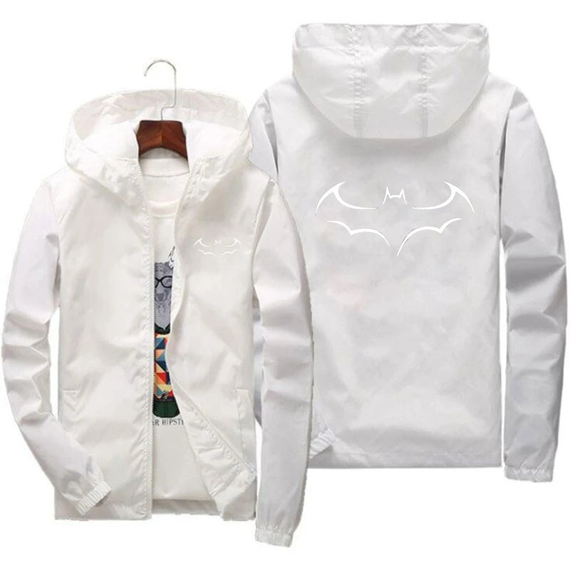 2024 New Bat Printing Zipper Windproof Jacket Men Women Hoodies Sunscreen Clothing Casual Sport Long Sleeve Hooded Coat Thin Top-White-01-L 50-60kg-