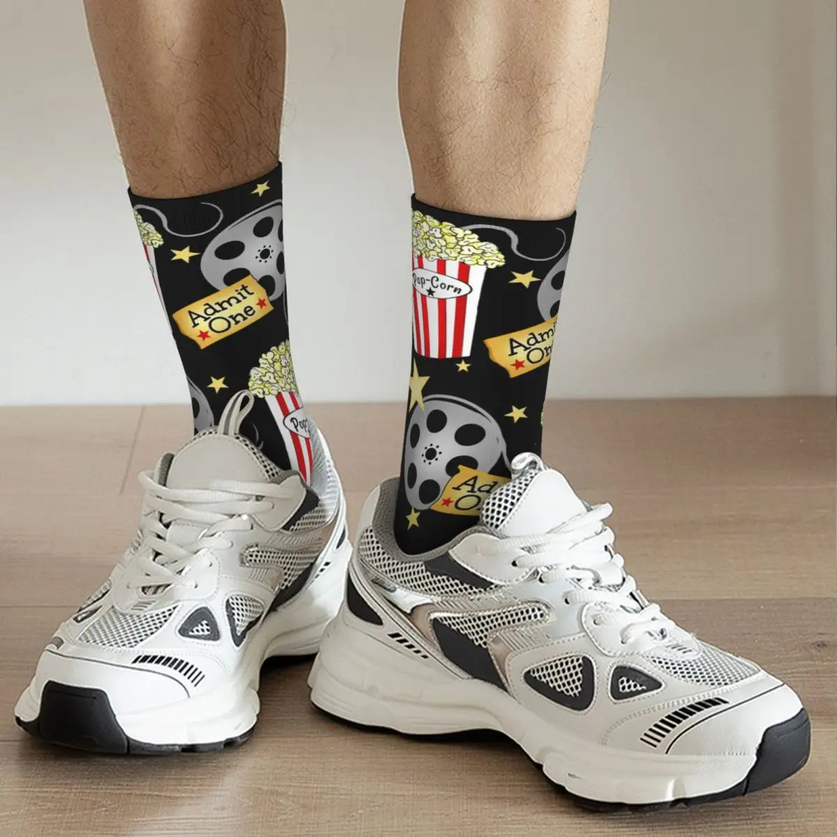 Retro Cinema Theater Popcorn Socks - Men's & Women's Fashion Movie Production Film - Multi-Season Gift-WHITE-One Size-