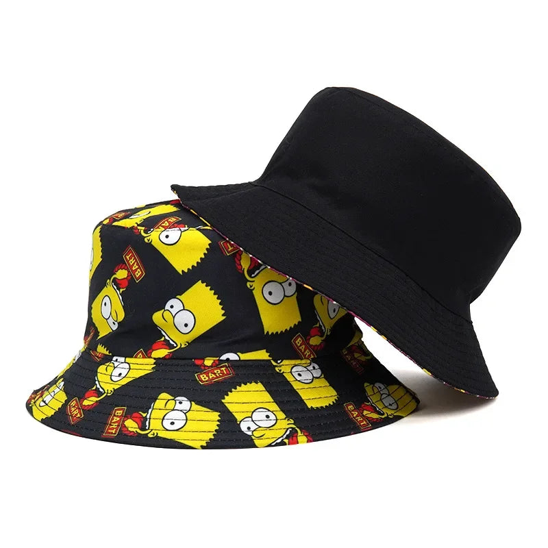 Simpsons Reversible Cotton Bucket Hat - Beach-Ready Retro Panama Hat - Unique Gift for Outdoor Lovers-Black-56-58cm-