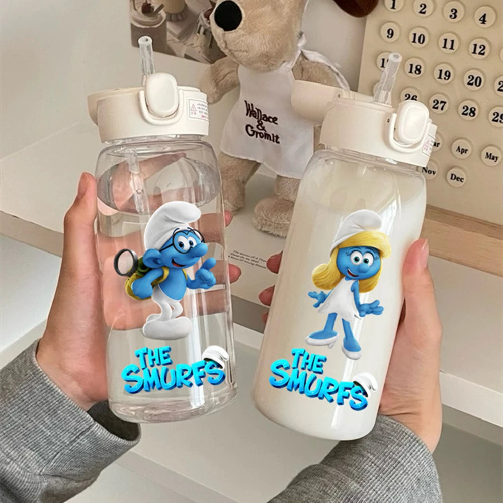 The Smurfs Straw Water Bottle - Large Capacity Cartoon Cup for Kids, Outdoor Sports, Portable Retro Anime Gift-