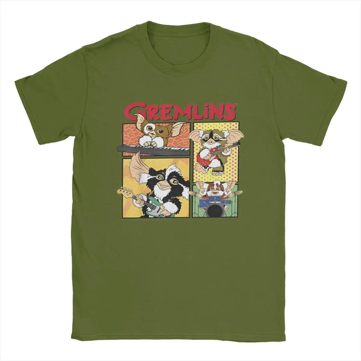 Men’s Gremlins Band - T Shirt 80s Movie - Mogwai Monster Pure - Cotton Vintage Short Sleeve - Round Collar Tee - Graphic Printed T-Shirt-army green-XL-