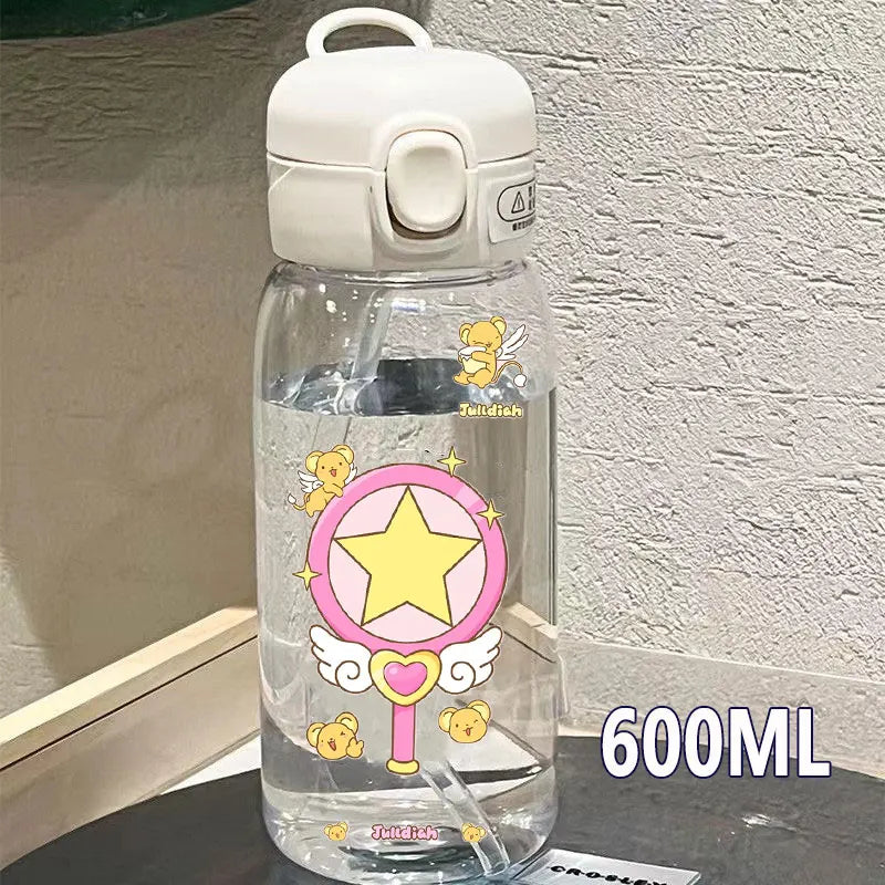 Cardcaptor Sakura Straw Water Bottle - 400ML/600ML Transparent Plastic Anti-Drop Cup for Students and Kids-6-11-