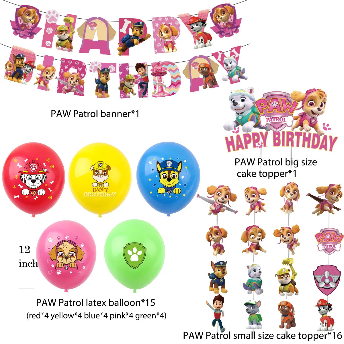 Paw Patrol Birthday Party Decoration - Girls Pink Sky Paper Cups Plates Tableware Balloons - Supplies For Kids - Baby Shower Favors-38pcs set-