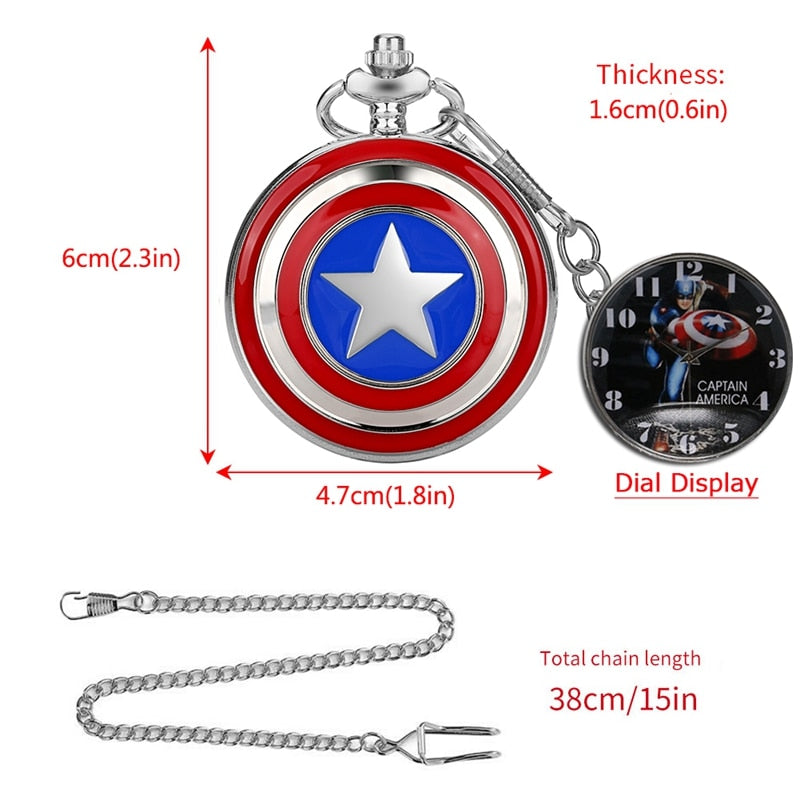 Classic Captain America Stars Shield - Romantic Steampunk Film Gift For Men & Women - Quartz Pocket Watch With Chain - Cult Movie Present-38cm Hook Chain-