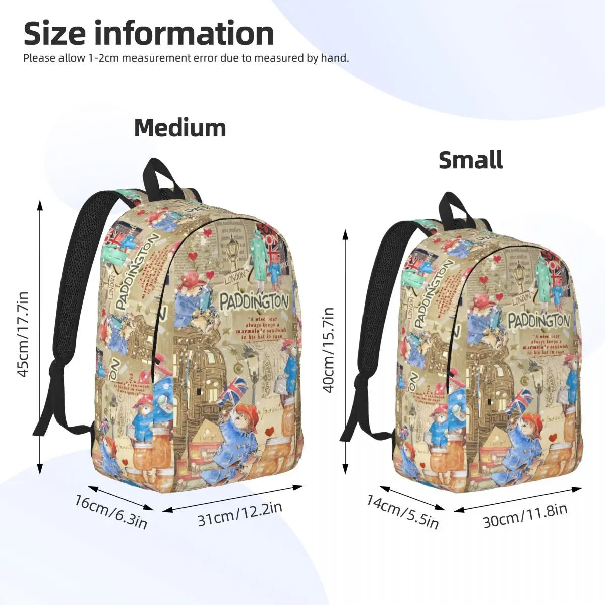 Britain Paddington Brown Bear Backpack Men Women - Teenage High School Work Daypack Cute Movie Cartoon College Canvas Bags Sports-