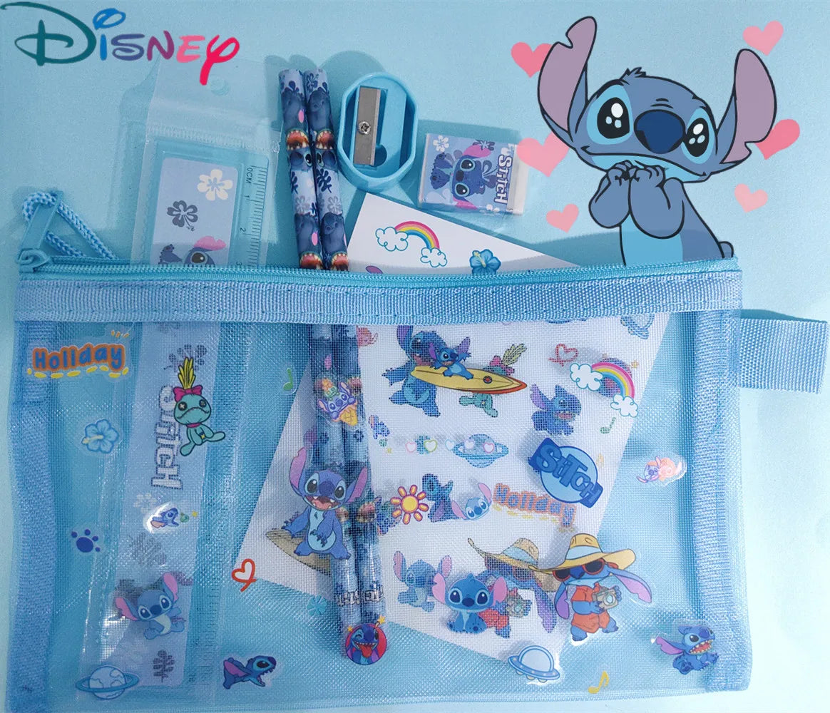 7pcs Stitch Stationery Bag Set - Anime Kids Pencil Box Stickers Figure Toys Gift Set-