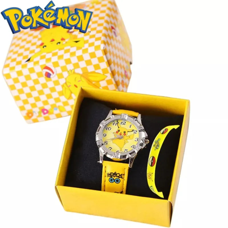 2pcs Set Anime Pokemon Pikachu Silicone Watch With Bracelet - Kids Quartz Wrist Cartoon Figure Boys Girl Watch Bracelet - Gift Toys-