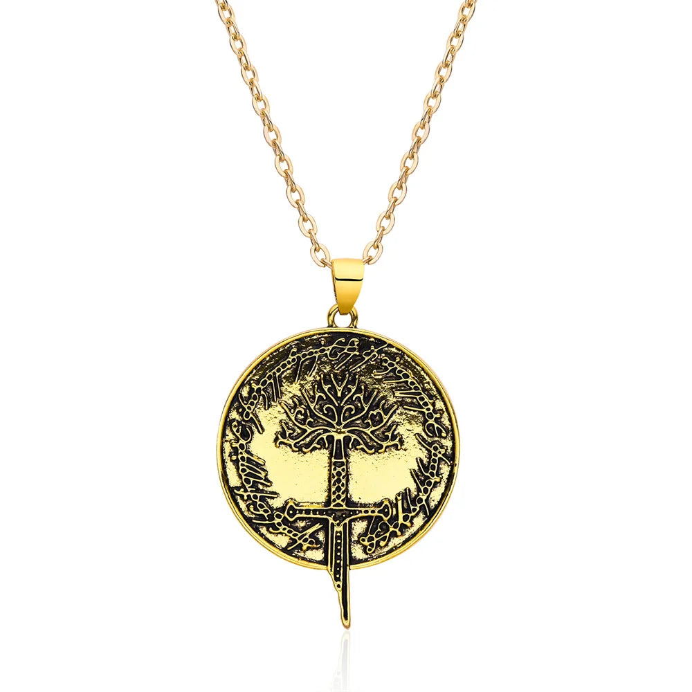 New Tree of Gondor - The Rings Power Necklace - Narsil Flame of the West - Silver Plated Broken Sword Pendant-Gold Color-