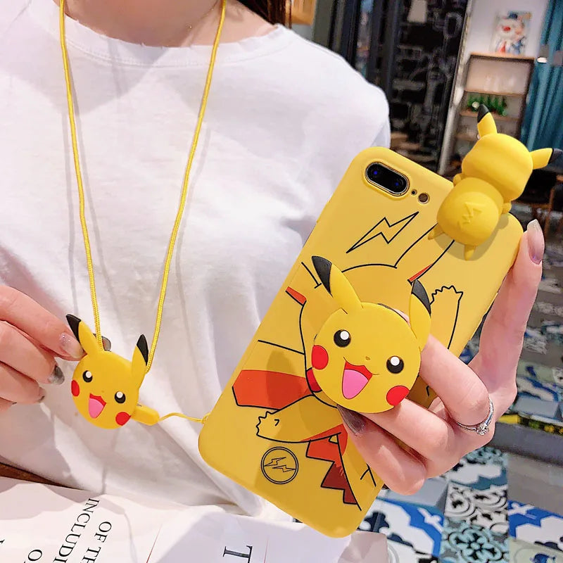 For iPhone 6 6s 7 8 X Xs Max XR 11 12 13 14 15 16 Pro Max SE - Pokémon Pikachu Phone Case with Holder Rope-