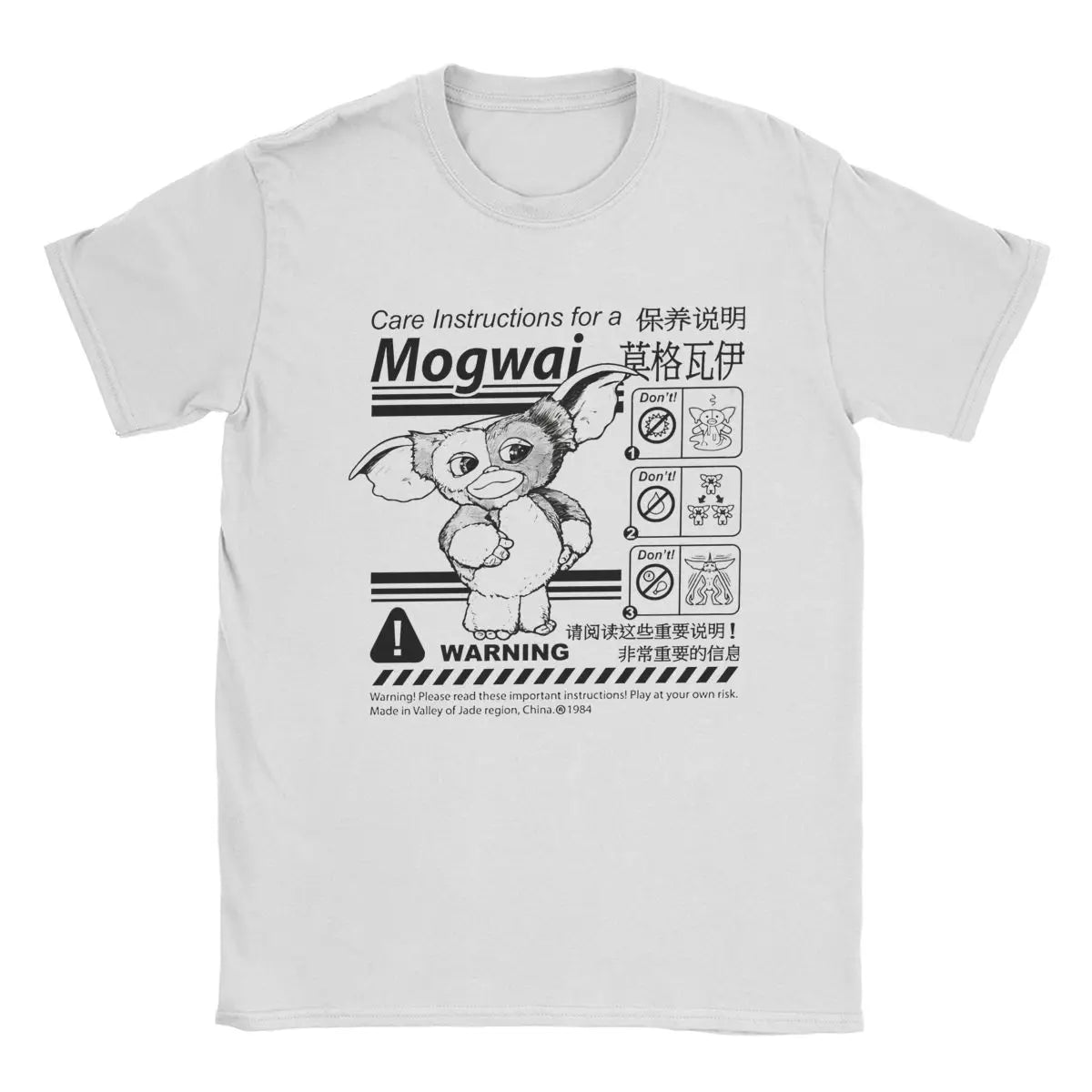 Gremlins Gizmo Warning - Label T Shirt Men - Pure Cotton Novelty - T-Shirt Crew Neck - Gizmo Mogwai Monster - Tee Short Sleeve Tops - Gift-