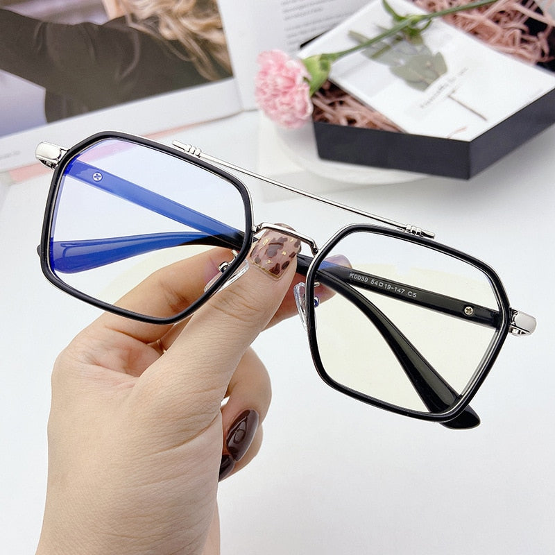 SHAUNA Retro Anti-Blue Light Square Glasses Frame Brand Designer Ins Popular Optical Eyeglasses Frames-United States-Black Silver-