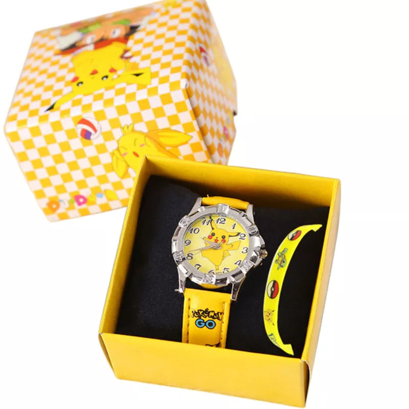 2pcs Set Anime Pokemon Pikachu Silicone Watch With Bracelet - Kids Quartz Wrist Cartoon Figure Boys Girl Watch Bracelet - Gift Toys-A-