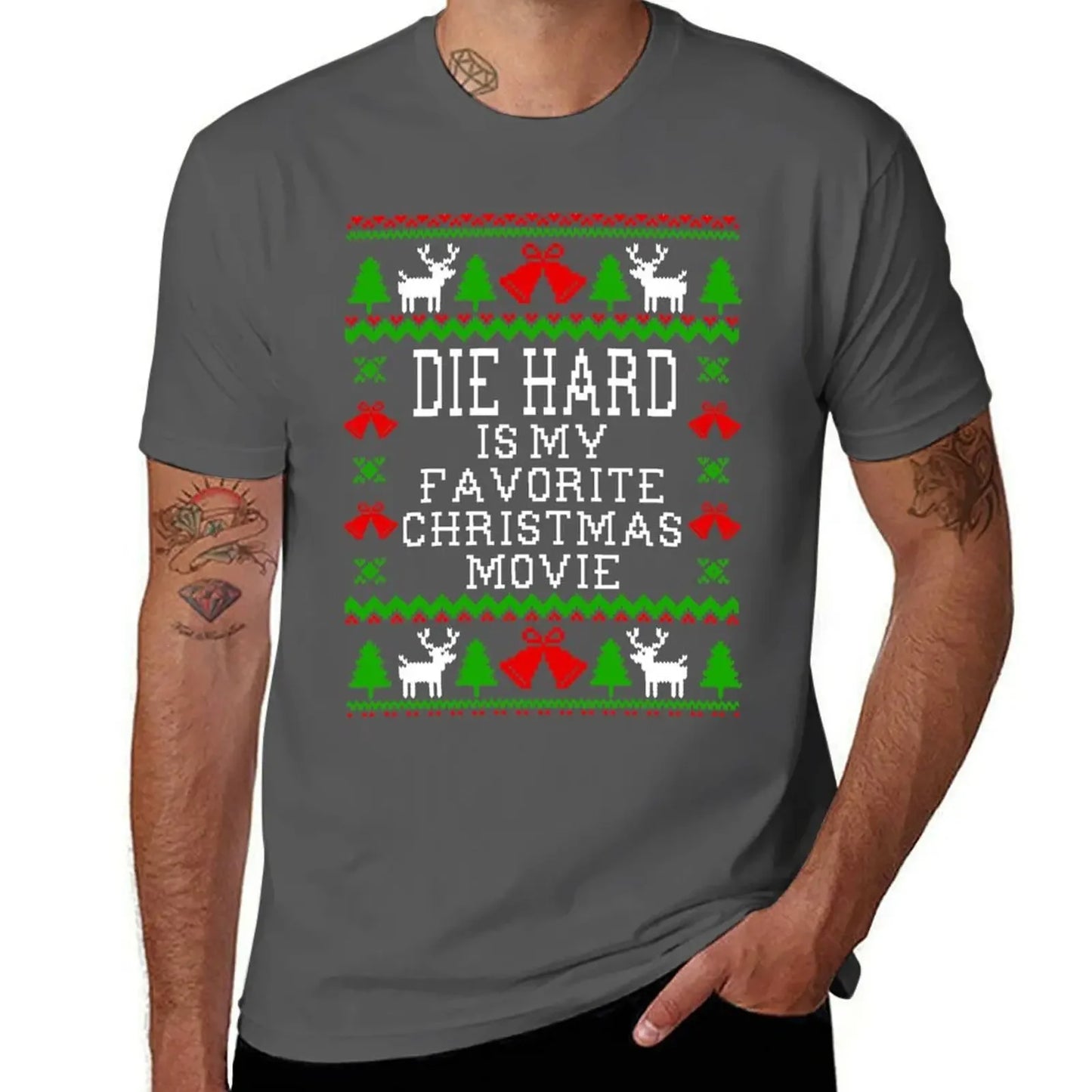 Die Hard Is My Favorite - Christmas Movie - Ugly Christmas Sweater Style T-Shirt - Plain Essential Tee - Men's T-Shirt-Dark Gray-M-