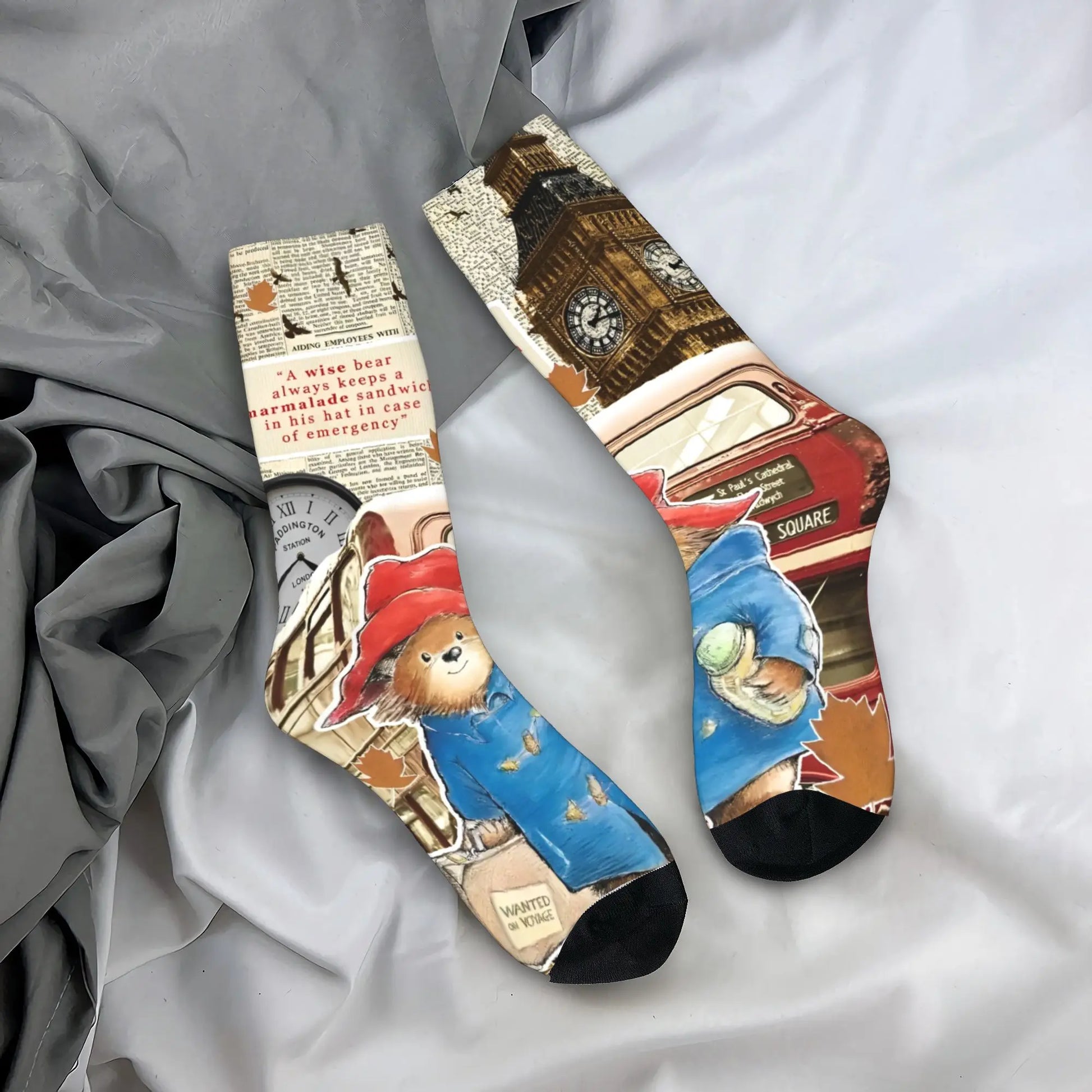 Britain Paddington Brown Bear Socks - Men Women Casual Cute Movie Cartoon Socks Spring Summer Autumn Winter Middle Tube Socks Gift-As Shown-One Size-