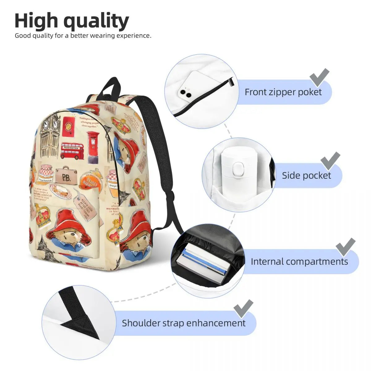 Britain Paddington Brown Bear Classical Backpack - Gift Student Business Cute Movie Cartoon Daypack Men Women Laptop Canvas Bags-