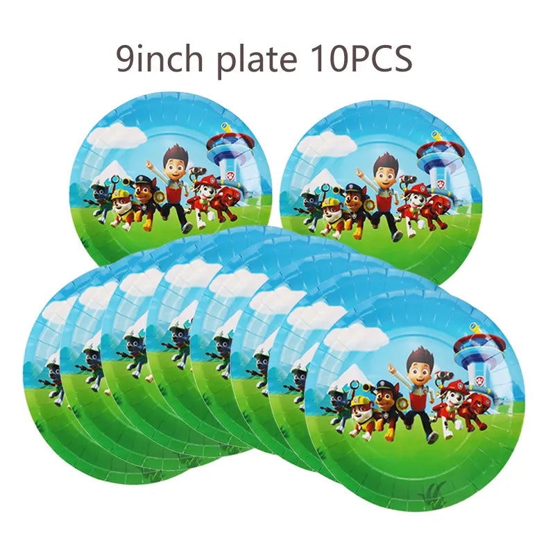 Paw Patrol Birthday Decorations Happy Birthday Backdrop Banner Plates Cups - Paper Tableware Set Balloons - Kids Boy Party Supplies-10pcs 9inch plates-