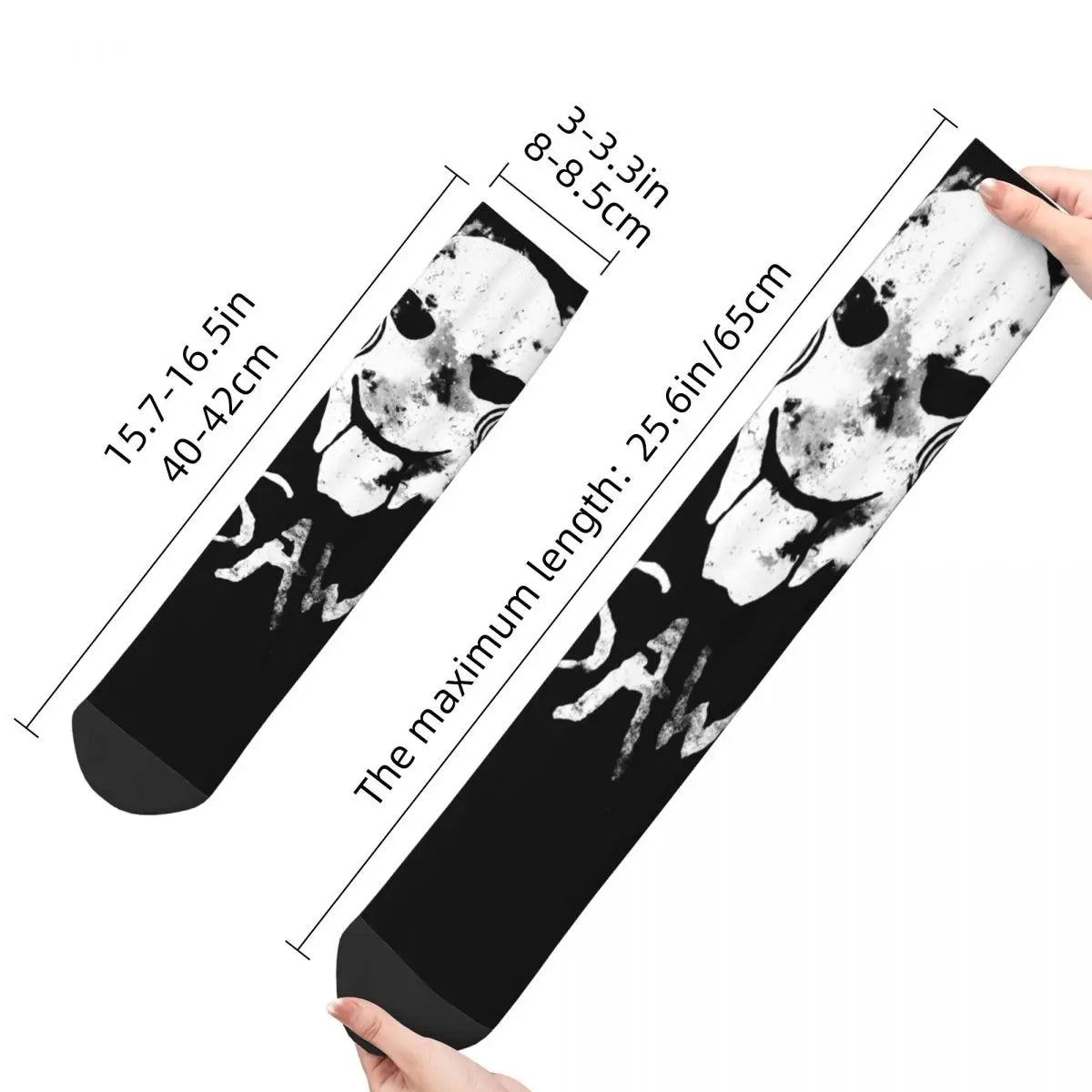 Saw Movie Poster Horror Socks - Funny Crazy Men's - Harajuku Hip Hop Mystery Thriller - Quality Pattern Printed Crew Sock-WHITE-One Size-