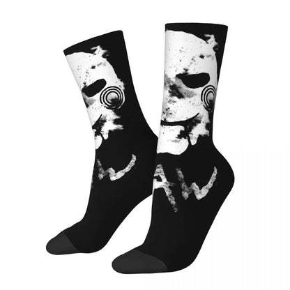 Saw Movie Poster Horror Socks - Funny Crazy Men's - Harajuku Hip Hop Mystery Thriller - Quality Pattern Printed Crew Sock-WHITE-One Size-