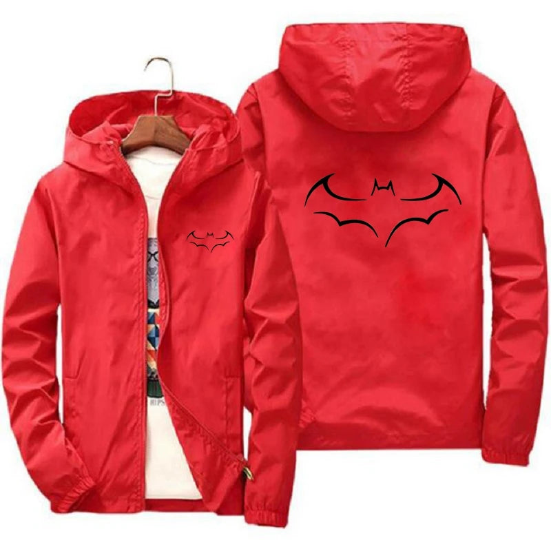 2024 New Bat Printing Zipper Windproof Jacket Men Women Hoodies Sunscreen Clothing Casual Sport Long Sleeve Hooded Coat Thin Top-Red-02-L 50-60kg-