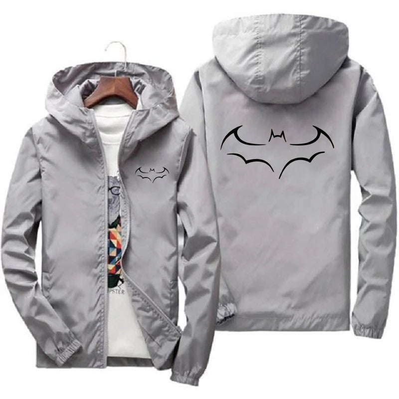 2024 New Bat Printing Zipper Windproof Jacket Men Women Hoodies Sunscreen Clothing Casual Sport Long Sleeve Hooded Coat Thin Top-Grey-02-2XL 65-70kg-