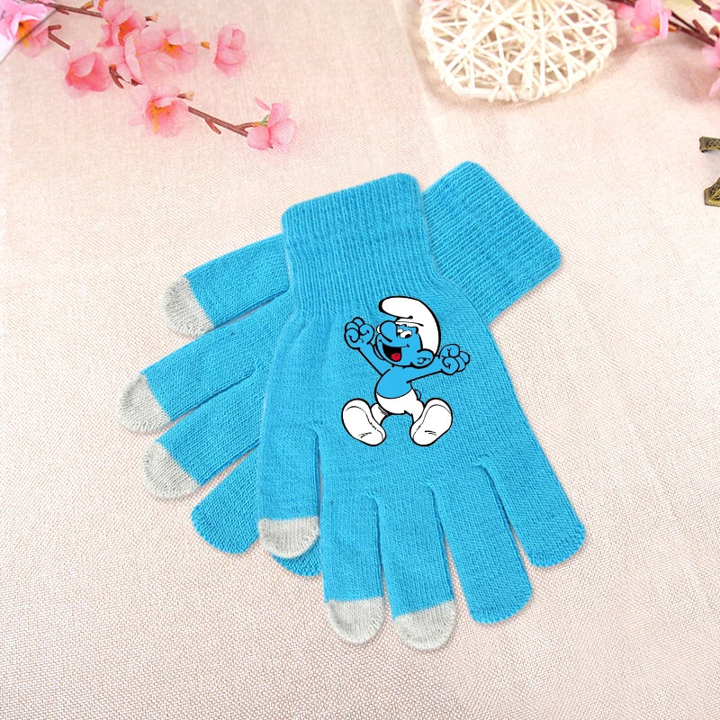 Anime Smurfs Kids Winter Gloves - Cartoon Print Warm Knitted Gloves for Bike Riding, Outdoor Walks, Retro 90s Child Gift-LJL 92-longest side 19cm-