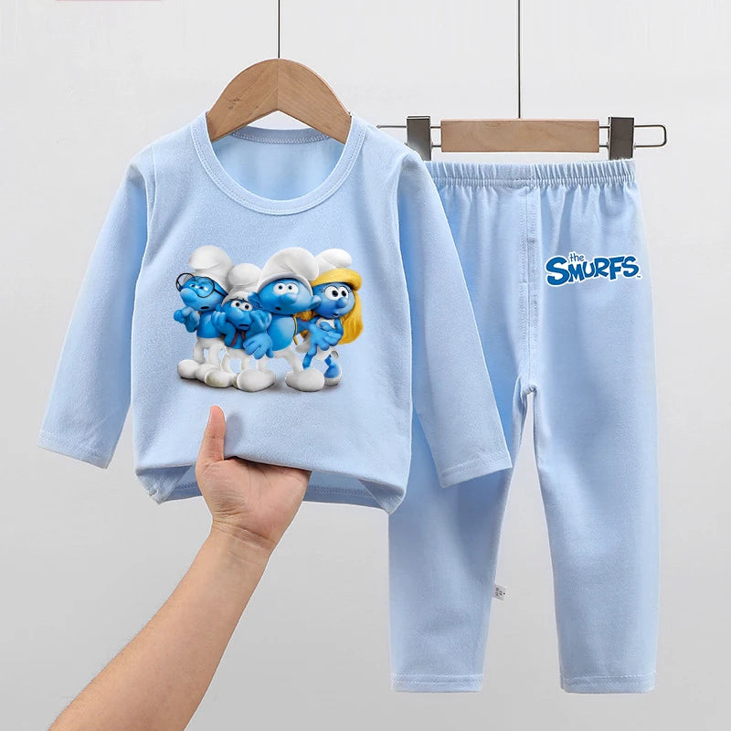 Anime Smurfs Kids Pajama Set - Long Sleeve Thicken Sleepwear Tops Pants, Cartoon Nightwear Retro Movie Gift-LJL 34-LJL 98-140-