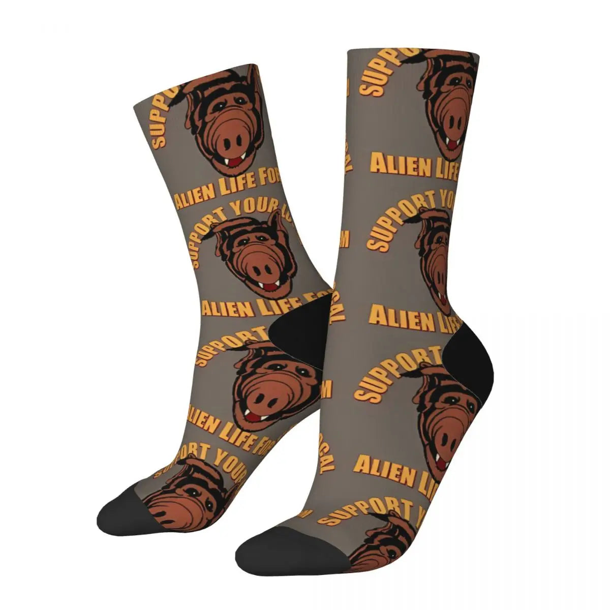 ALF TV Series Support Your Local Alien Socks - Men's Retro Hip Hop Seamless Crew - Unique Pattern Printed Gift-Black Red-One Size-