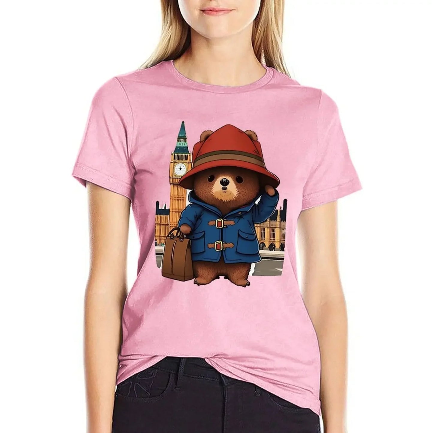 Paddington Bear in London T-shirt - Summer Clothes Hippie Clothes T-shirts for Women-Pink-S-