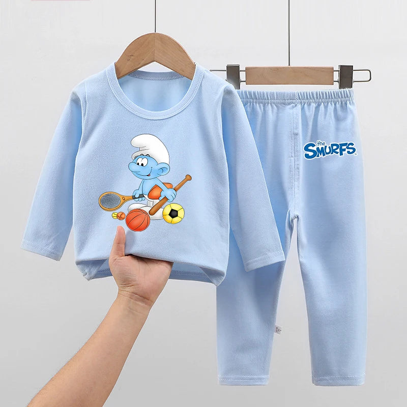 Anime Smurfs Kids Pajama Set - Long Sleeve Thicken Sleepwear Tops Pants, Cartoon Nightwear Retro Movie Gift-LJL 93-LJL 98-100-